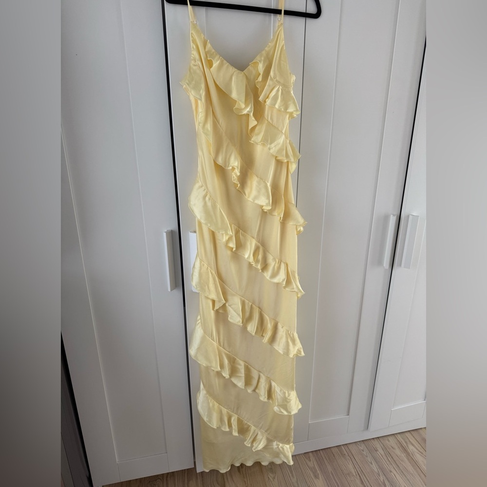 Petal & Pup Ciao Ruffles Satin Maxi Dress in Pale Yellow - RUNS SMALL